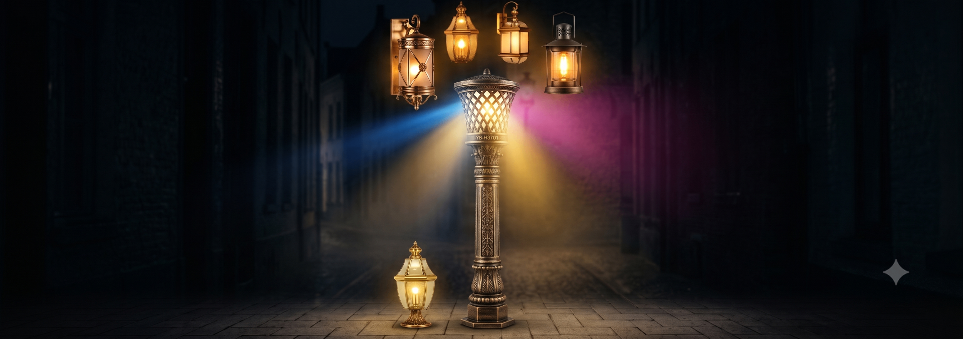 Tarasiri Outdoor Lighting — lanterns illuminating a cobblestone street at night